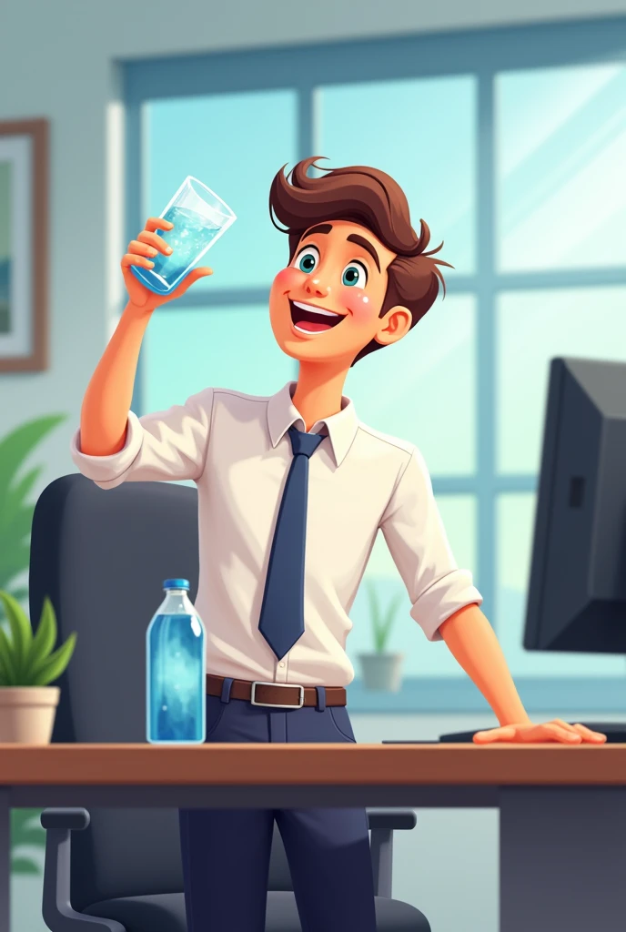 A animated young office boy drinking water by sitting