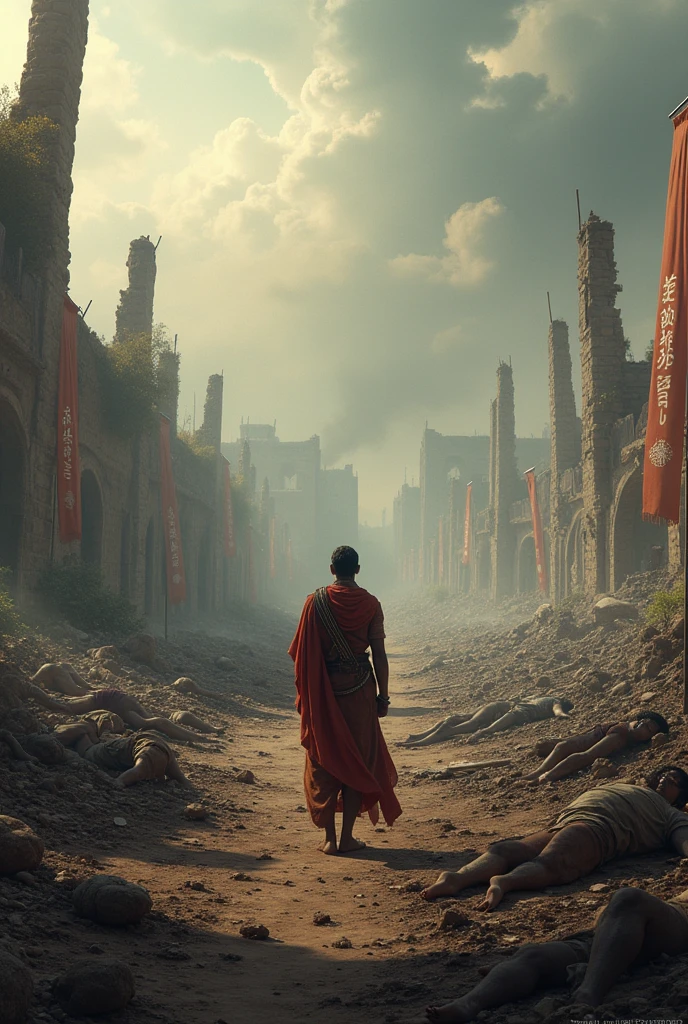 Create an image of the aftermath of the Kalinga War, with the land devastated and the remains of a fierce battle evident. Show Ashoka standing amidst the ruins, reflecting on the destruction caused by the war, his expression one of deep remorse."