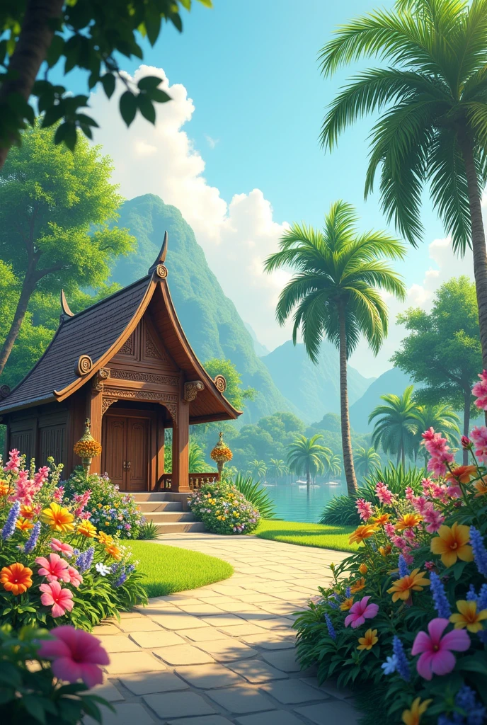 The flower garden is on the right side of the picture. On the left side is a small Thai-style hut.
