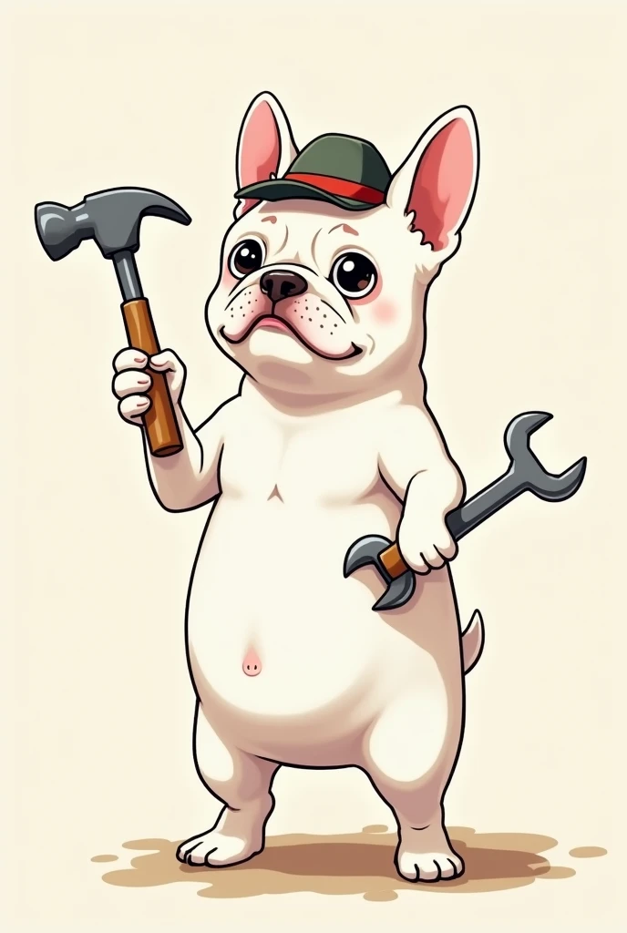 dog、White French Bulldog、Standing on two legs、Wearing a hat、holding a hammer in one hand、Standing posture、人間のようなStanding posture、Has a wrench in the shape、Anime Style