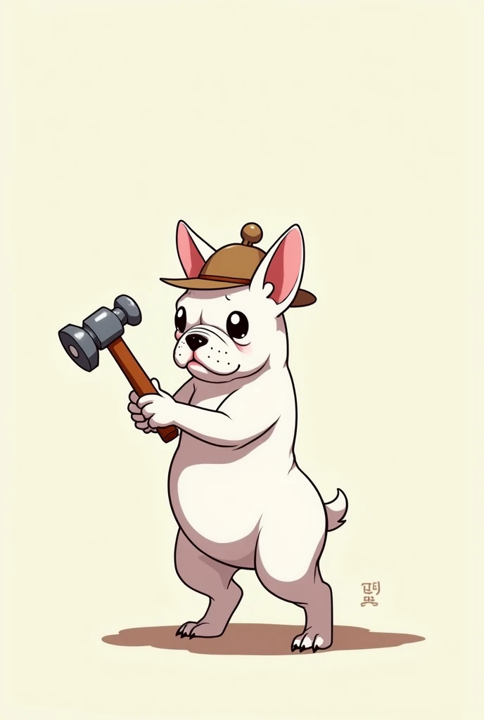dog、White French Bulldog、Standing on two legs、Wearing a hat、holding a hammer in one hand、Standing posture、人間のようなStanding posture、Has a wrench in the shape、Anime Style