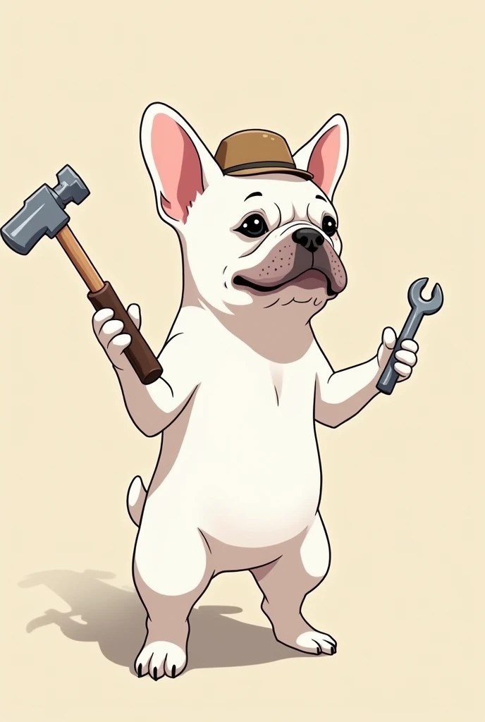 dog、White French Bulldog、Standing on two legs、Wearing a hat、holding a hammer in one hand、Standing posture、人間のようなStanding posture、Has a wrench in the shape、Anime Style