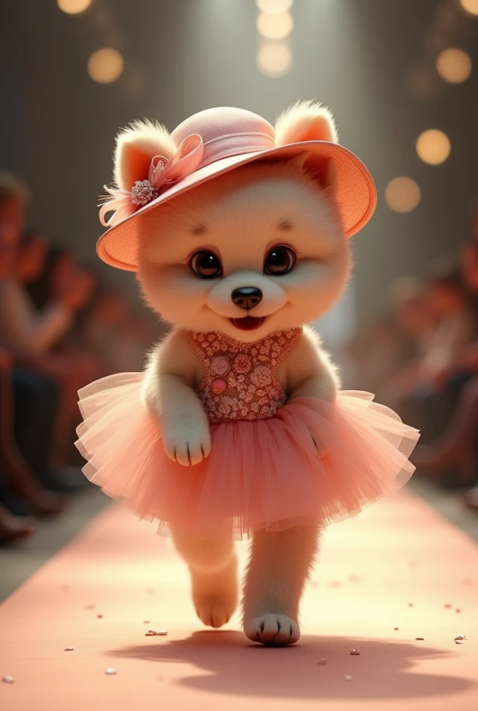 Create a scene where an adorable purebred puppy is dressed in a fashionable outfit wearing a fashionable couture dress and a matching hat on her head and walks confidently down the runway, smiling, showing off her ultra-realistic fashion sense. camera moving