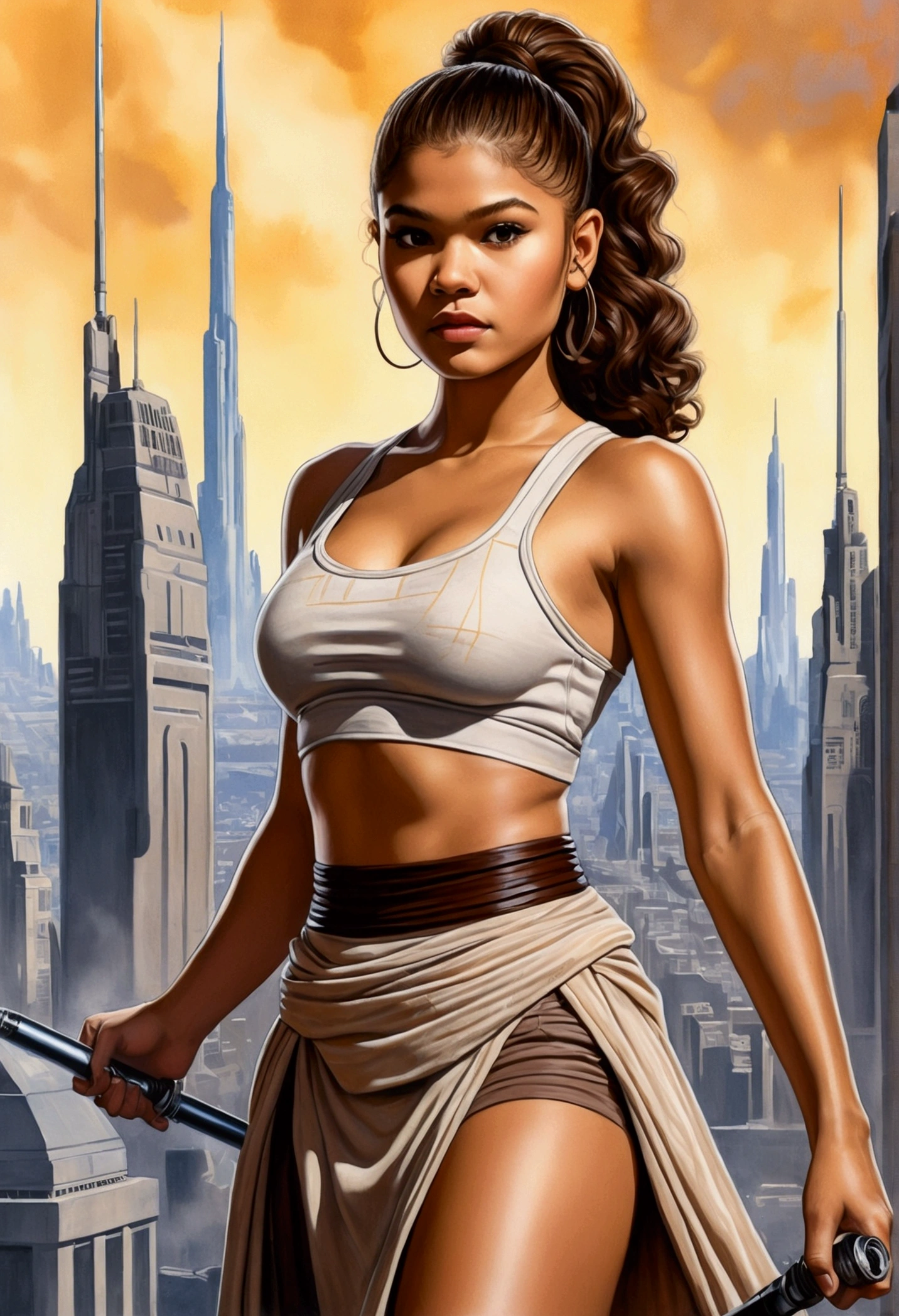 An illustrated movie poster, hand-drawn, full color, a age Jedi, 18-years-old, female, wearing a crop top and a skirt, athletic hourglass figure, busty bosoms, full wide hips, massive round butt, long shapely legs, ridiculously thick powerful thighs, hazel eyes, dark hair, curly ponytail, warm brown complexion, resembles Zendaya, standing above Coruscant, graphite shading, stencil marks, airbrushed acrylic paint, masterpiece, in the style of Drew Struzan