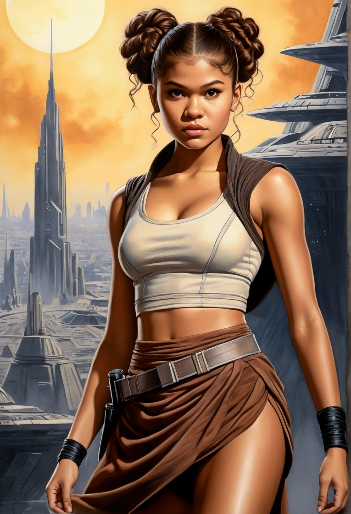 An illustrated movie poster, hand-drawn, full color, a teenage Jedi, 18-years-old, female, wearing a crop top and a skirt, athletic hourglass figure, busty bosoms, full wide hips, massive round butt, long shapely legs, ridiculously thick powerful thighs, hazel eyes, dark hair, curly ponytail, warm brown complexion, resembles Zendaya, standing above Coruscant, graphite shading, stencil marks, airbrushed acrylic paint, masterpiece, in the style of Drew Struzan 