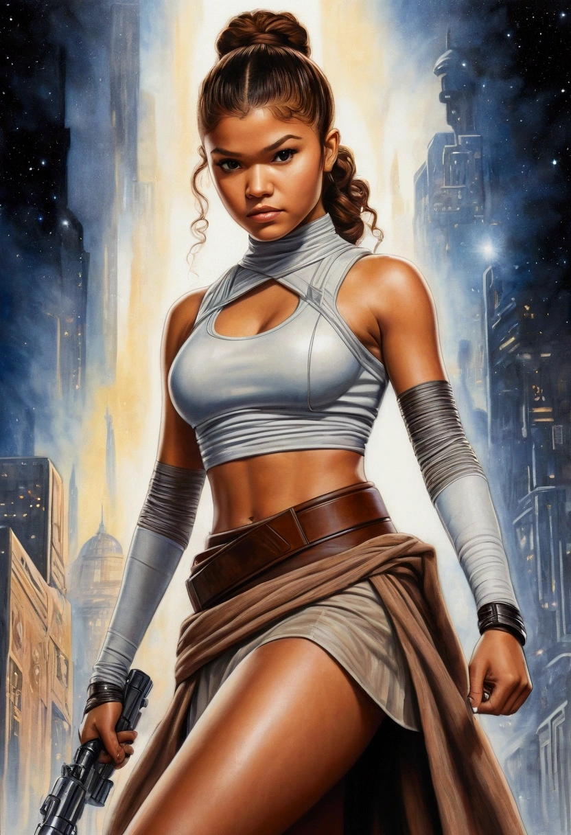 An illustrated movie poster, hand-drawn, full color, a teenage Jedi, 18-years-old, female, wearing a crop top and a skirt, athletic hourglass figure, busty bosoms, full wide hips, massive round butt, long shapely legs, ridiculously thick powerful thighs, hazel eyes, dark hair, curly ponytail, warm brown complexion, resembles Zendaya, standing above Coruscant, graphite shading, stencil marks, airbrushed acrylic paint, masterpiece, in the style of Drew Struzan 