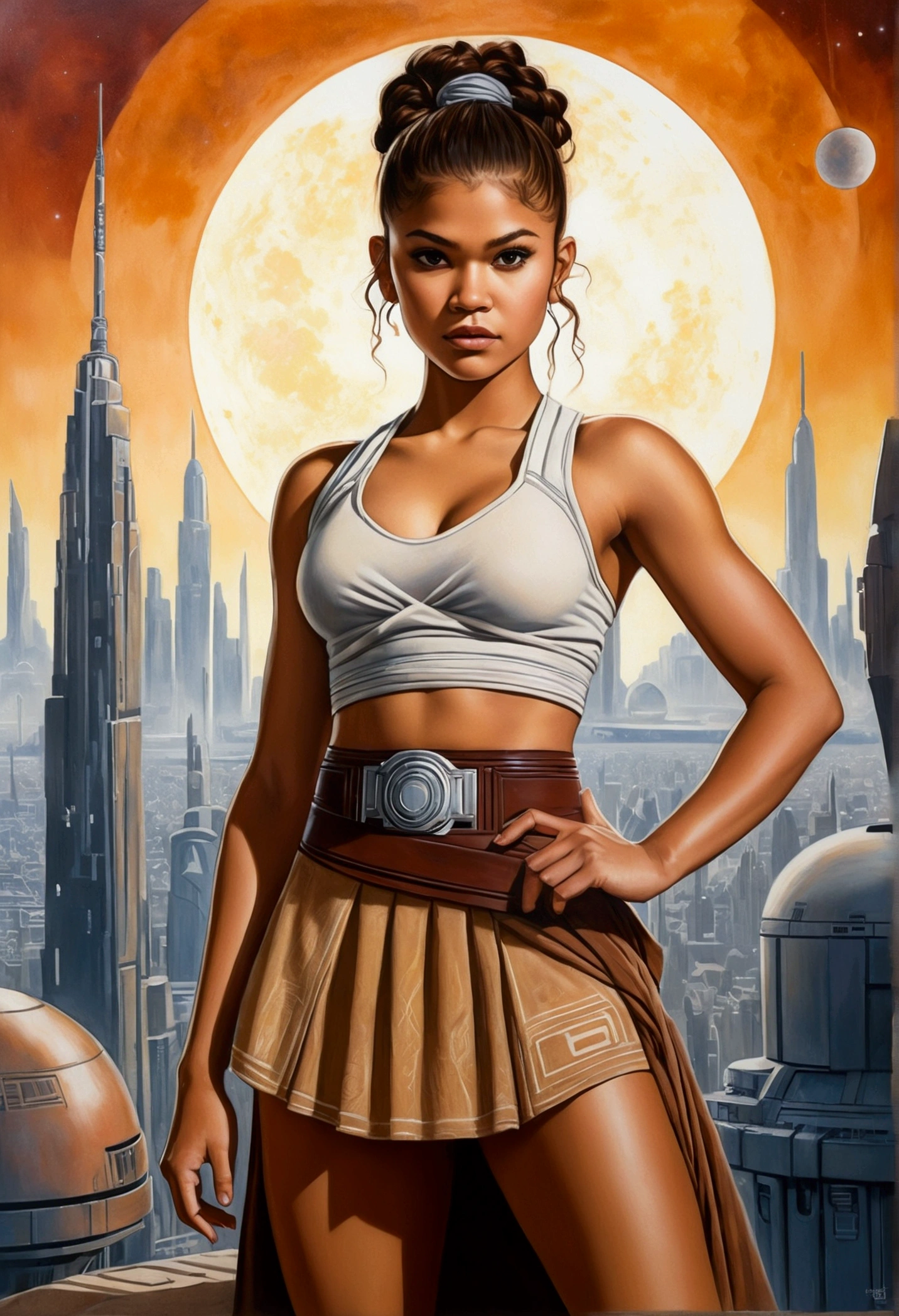 An illustrated movie poster, hand-drawn, full color, a teenage Jedi, 18-years-old, female, wearing a crop top and a skirt, athletic hourglass figure, busty bosoms, full wide hips, massive round butt, long shapely legs, ridiculously thick powerful thighs, hazel eyes, dark hair, curly ponytail, warm brown complexion, resembles Zendaya, standing above Coruscant, graphite shading, stencil marks, airbrushed acrylic paint, masterpiece, in the style of Drew Struzan 