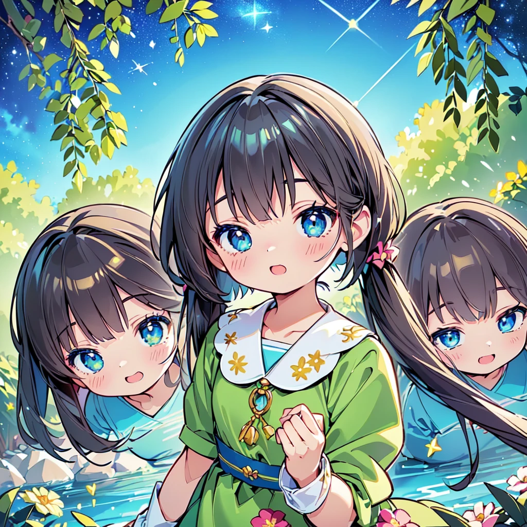 Cute characters、(((Highest quality、Masterpiece、Super detailed、S composition、X Composition、Triangular composition、Square Composition)))、Green Grass々Drawing plumeria flowers flying over the water、I look up at the starry sky。Surround her with colorful nebulae and colorful forests。pink、light blue、Blue fantastic light source background、glitter