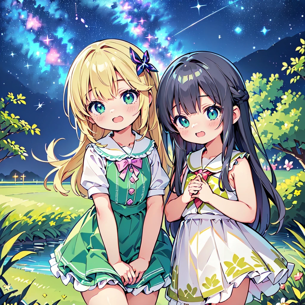 Cute characters、(((Highest quality、Masterpiece、Super detailed、S composition、X Composition、Triangular composition、Square Composition)))、Green Grass々Drawing plumeria flowers flying over the water、I look up at the starry sky。Surround her with colorful nebulae and colorful forests。pink、light blue、Blue fantastic light source background、glitter