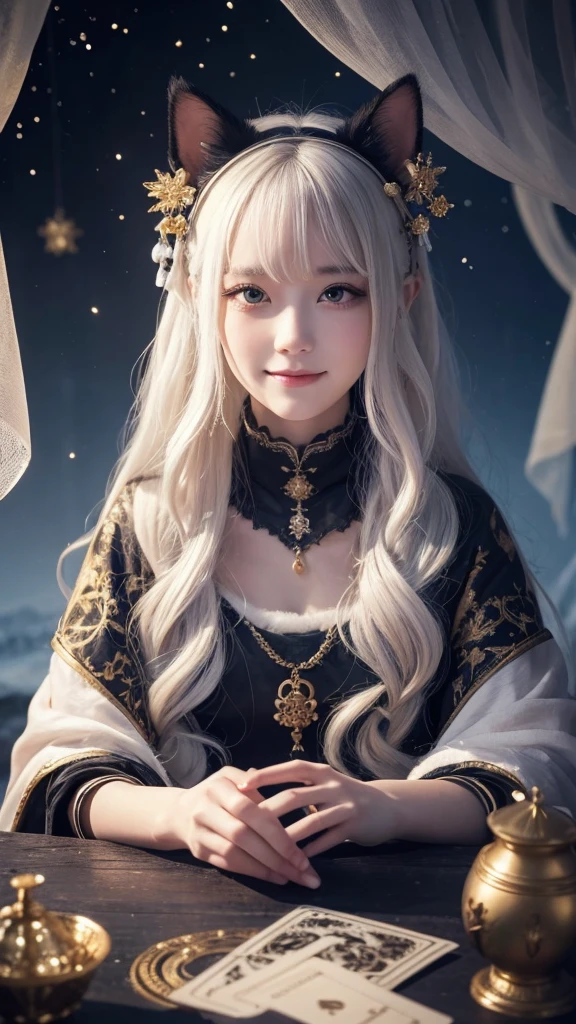 (masterpiece, highest quality, highest quality, official art, beautiful and aesthetic: 1.2), (one girl: 1.3), wavy long hair, white hair, Cat ears on the head,highly detailed portrait, highly detailed hands, looking at the viewer, alone, (whole body: 0.6), detailed background, close, shining eyes, (cold arctic winter theme: 1.1), fortune teller, Charlatan, grin, Mysterious, sitting at the table, カラフルな肩のないゆるいジプシーfortune tellerの服, holy grail, tarot cards, Crystal jade, Medieval (inner tent: 1.1) background, tent curtain on background, dark Mysterious lighting, Shadow, magical atmosphere, starry night, dutch angle, healing and guidance, transcendental beauty, fractal art, Seaweed,