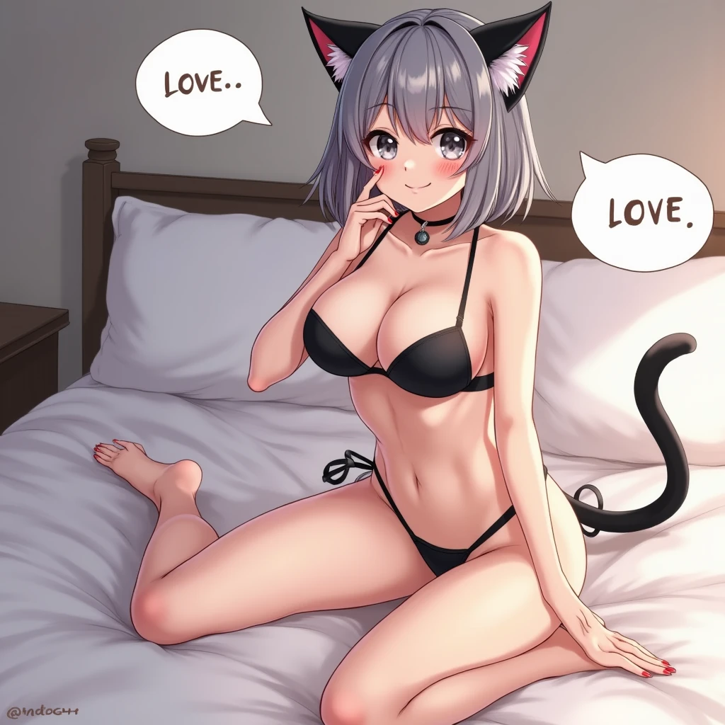 behavior, anime, medium Breasts, bed, Spread your legs,tits, hanging breast, smooth Anime style, masterpiece, greatest anatomy, detailed anatomy, 16YOgirl, 1girl, catgirl, bob style hair, gray color hair, gray eyes, Black cat ears with pink inside, detailed cat tail, round breast, sexy, light smile, love Buble chat anime, blushed, look at viewers, collarbone, hanging breast, behavior, anime, medium Breasts, bed, Spread your legs,tits, hanging breast, Anime style, masterpiece, greatest anatomy, detailed anatomy, 16YOgirl, 1girl, catgirl, bob style hair, gray color hair, gray eyes, Black cat ears with pink inside, detailed cat tail, round breast, bikini, light smile, love Buble chat anime, blushed, look at viewers, collarbone, big thighs, tempting