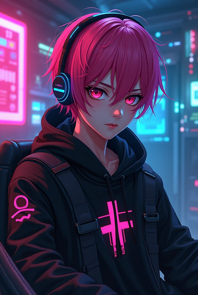 Anime boy, cyberpunk, in room, from head to waist , boy, logo