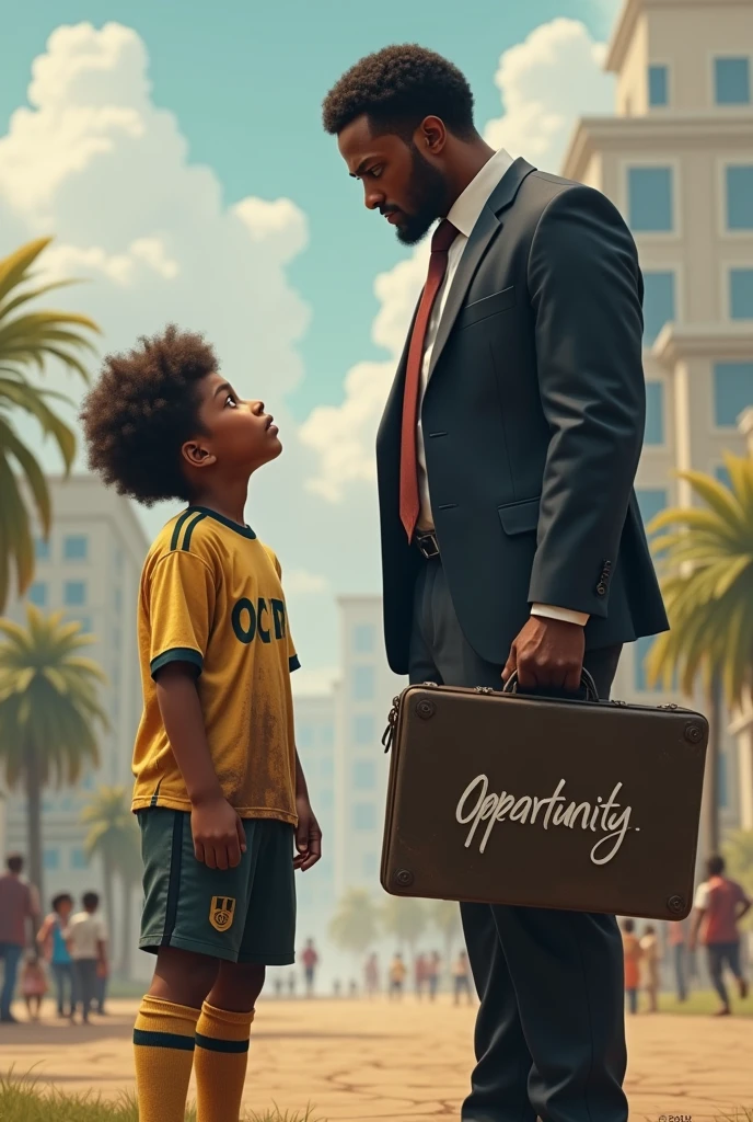 Black child in dirty soccer uniform with soccer ball under right foot looking up in admiration at successful black man in suit with goatee businessman with briefcase in hand with opportunity written on it.