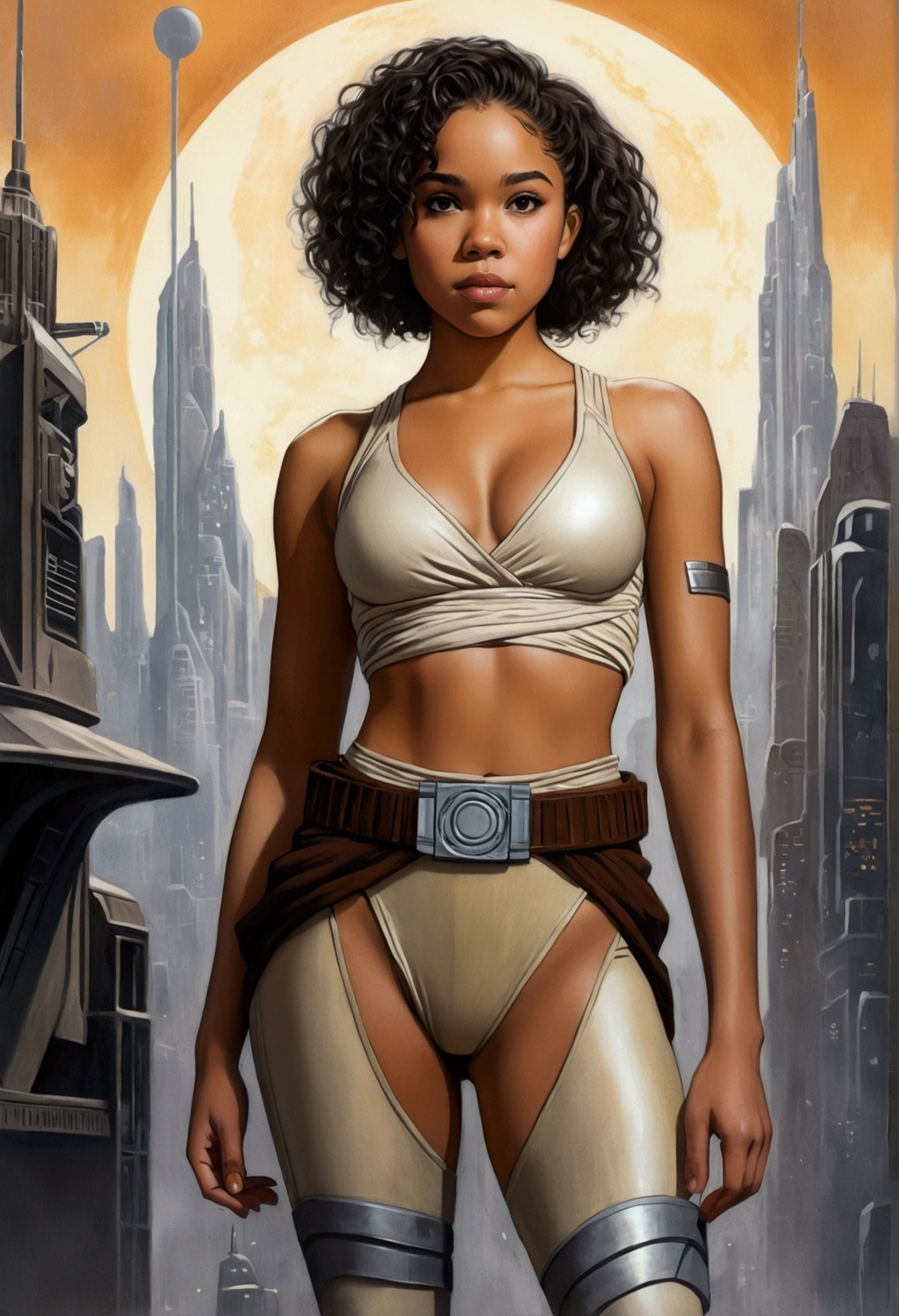 An illustrated movie poster, hand-drawn, full color, a age Jedi, 18-years-old, female, wearing a bralette and leggings, athletic hourglass figure, busty bosoms, full wide hips, massive round butt, long shapely legs, ridiculously thick powerful thighs, hazel eyes, dark hair, kinky curly bob cut, warm brown complexion, resembles Alexandra Shipp, standing above Coruscant, graphite shading, stencil marks, airbrushed acrylic paint, masterpiece, in the style of Drew Struzan