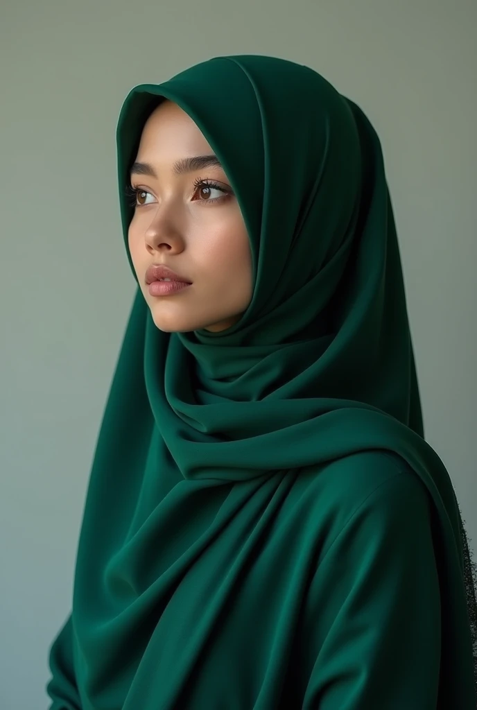 ((masterpiece:1.4, highres quality)), ((masterpiece, highest quality)), (photo-realistic:1.4), professional lighting, highly detailed eyes and face, Beautiful eyes in every detail, (beautiful Malay girl:1.3), face focus, From the back, wearing green pastel hijab, 1 girl、eyes didn't look at the camera, profile, ((Winter clothes)), necklace, (grey pastel clothing), Eye color is dark brown, correct hand of human body, white wall, Taken in front of the white door, (white wall room with window)