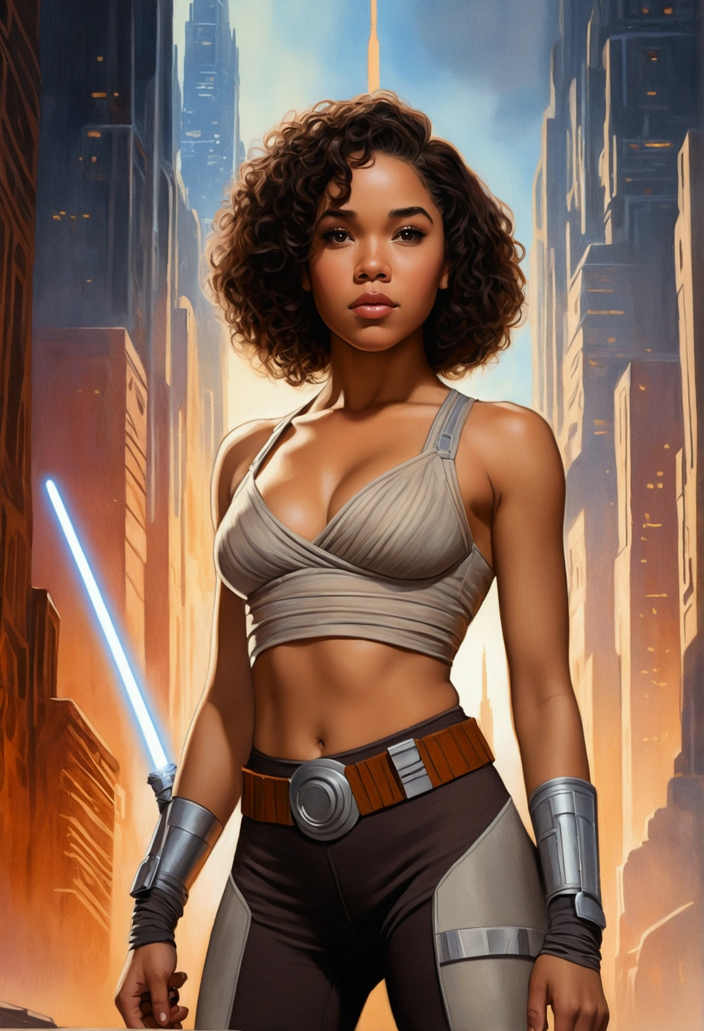 An illustrated movie poster, hand-drawn, full color, a age Jedi, 18-years-old, female, wearing a bralette and leggings, athletic hourglass figure, busty bosoms, full wide hips, massive round butt, long shapely legs, ridiculously thick powerful thighs, hazel eyes, dark hair, kinky curly bob cut, warm brown complexion, resembles Alexandra Shipp, standing above Coruscant, graphite shading, stencil marks, airbrushed acrylic paint, masterpiece, in the style of Drew Struzan