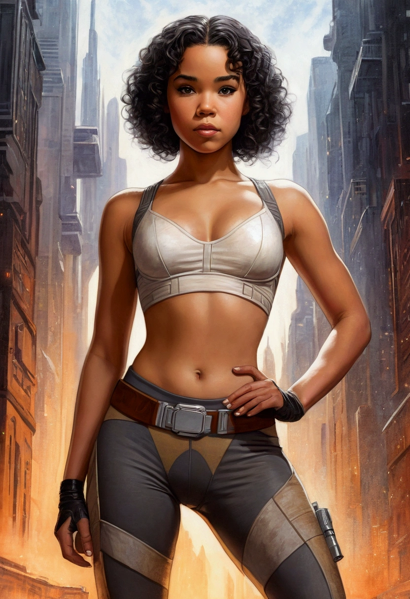 An illustrated movie poster, hand-drawn, full color, a teenage Jedi, 18-years-old, female, wearing a bralette and leggings, athletic hourglass figure, busty bosoms, full wide hips, massive round butt, long shapely legs, ridiculously thick powerful thighs, hazel eyes, dark hair, kinky curly bob cut, warm brown complexion, resembles Alexandra Shipp, standing above Coruscant, graphite shading, stencil marks, airbrushed acrylic paint, masterpiece, in the style of Drew Struzan 