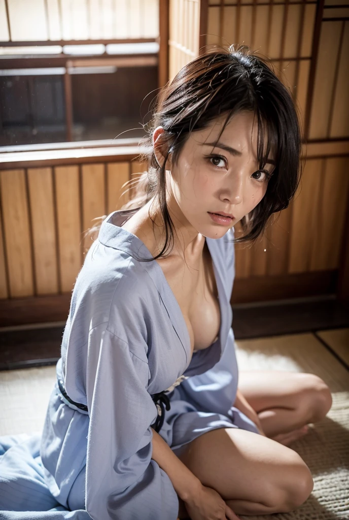 (8k、RAW Photos、Highest quality、masterpiece:1.2)、((night、Dark Room、moonlight、Japanese-style room:1.5))、((naked、kimono、Nipples、smile:1.2))、(Realistic、Realistic)、1 person、(On the bed、pubic hair))、cute