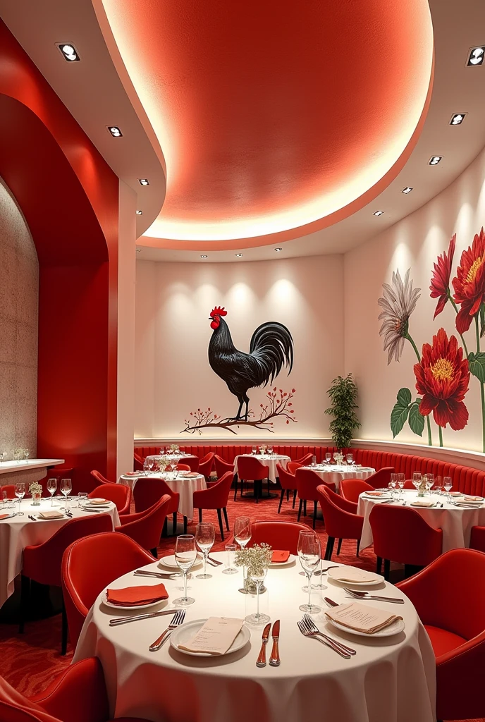 A huge circle salon for a restorant, Walls panited white and red and Has a Chicken picture, red and white abstract ceiling with d/f spot lights, redish Brown light from the spot light,Red color tableas with white chares scaterd ,Menu on every table,