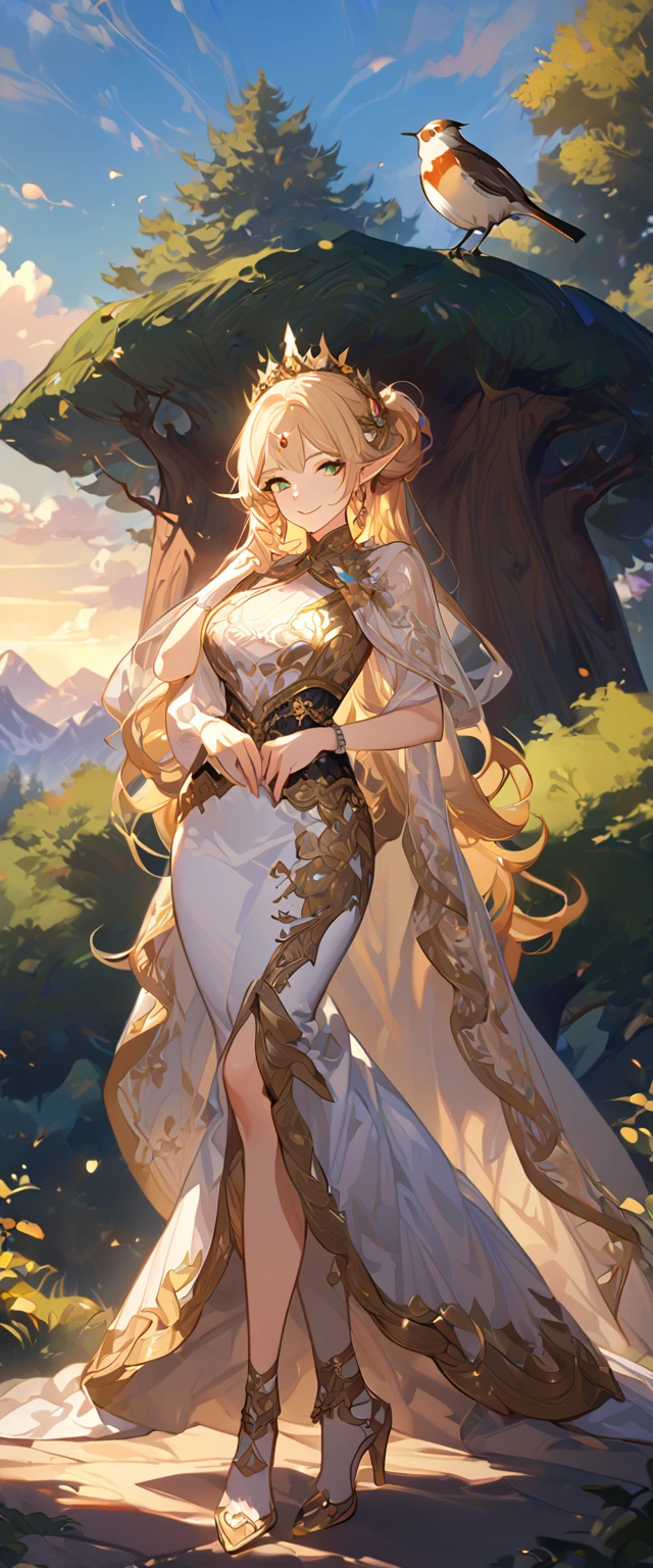 masterpiece, best quality, 8k ,4k , 1girl, elf queen, blond reddish hair, green eyes, big chest, gold wreath crown, hair ornament, finely detailed eyes and detailed face, looking at viewer, white sleeveless, Lace dress, patterned clothes, gold embroidery clothes, meticulous clothes, mature clothes, transparent cape with lace, majestic looks, smiling gently, small bird, full body, big tree background, inspired by Asukaziye artist : ask, art style : ask
