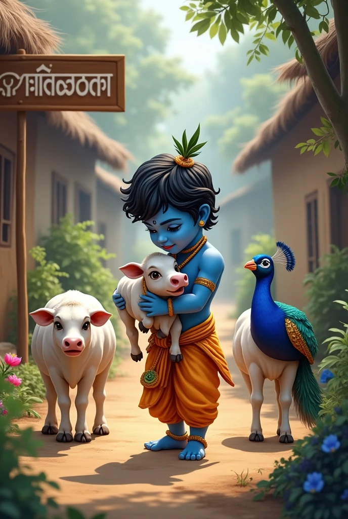 little blue krishna is holding a cow baby with his hand and standing in a village. Village name EZHUMATTOOR is highlighted in road sign board. There are some baby cows and peacock birds nearby 