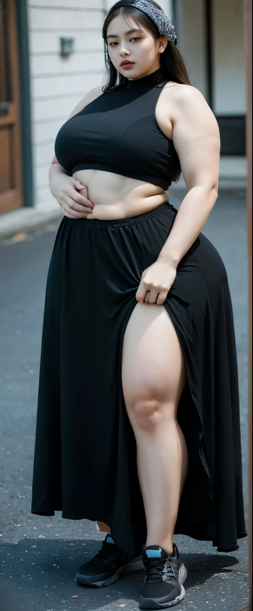 ((best quality)), ((masterpiece)), (detailed), malay woman, perfect face, araffe woman in a dark-black gamis walking down a street, thicc, she has a jiggly fat round belly, bbwchan, wearing tight simple clothes, skinny waist and thick hips, widest hips, her belly is fat and round, soft curvy shape, hyperrealistic full figure, wearing gamis , wide hips, sneakers