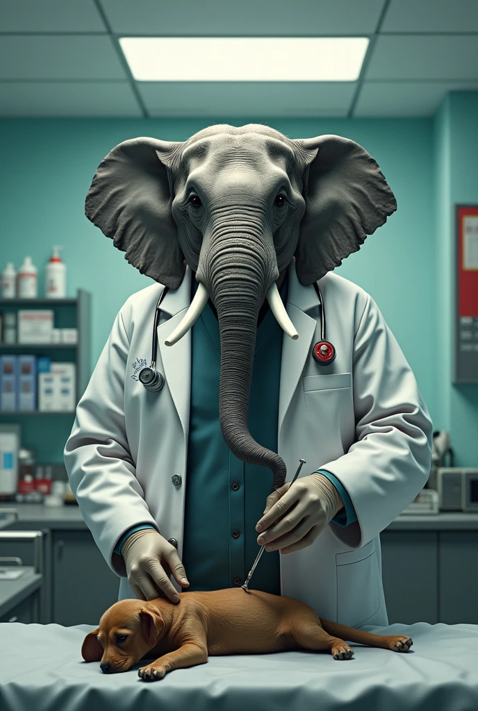 Wn elephant in doctor's coat surging a animal in animal hospital 