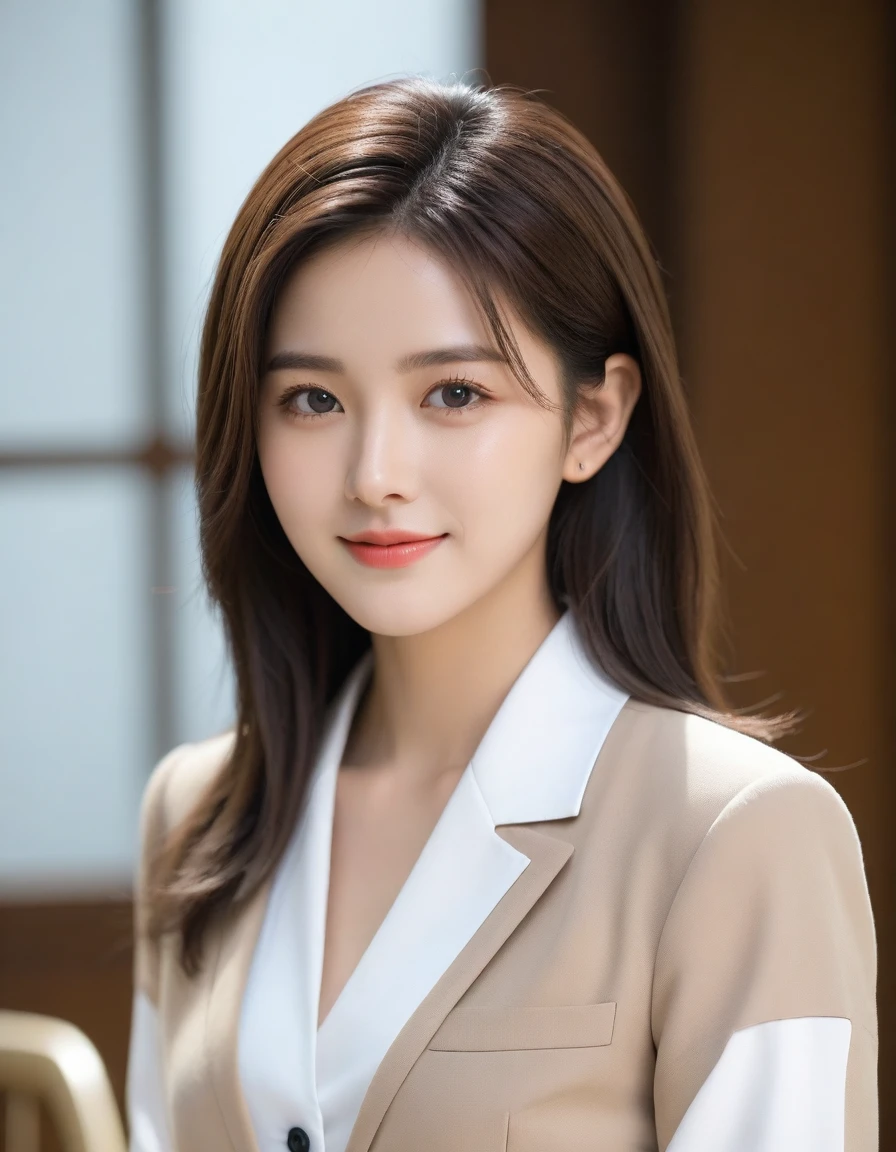 8k, Ultra-high resolution, Highest quality, masterpiece, Rule of thirds photograph,surreal, photograph, 1 Girl,ld:1.3), pretty girl, Cute face, Beautiful eyes in every detail, Detailed,masterpiece,One Girl:1.2, Japan Female Announcer,Tabletop,glaring,light brown disheveled hair,Blazer Uniform,White collared blouse,The buttons on the chest are open,Sharp focus、Perfect dynamic composition、Beautiful and detailed、Thin Hair、Detailed real skin texture、smile、Close-up portrait、Model Body Type,Looking at the audience、beauty,Long neck、(((Ideal body type))),A cup small breasts :2,、Portraiture:2、Perfect Anatomy、detailed、detailed、surreal、Light and shadow,Strong light