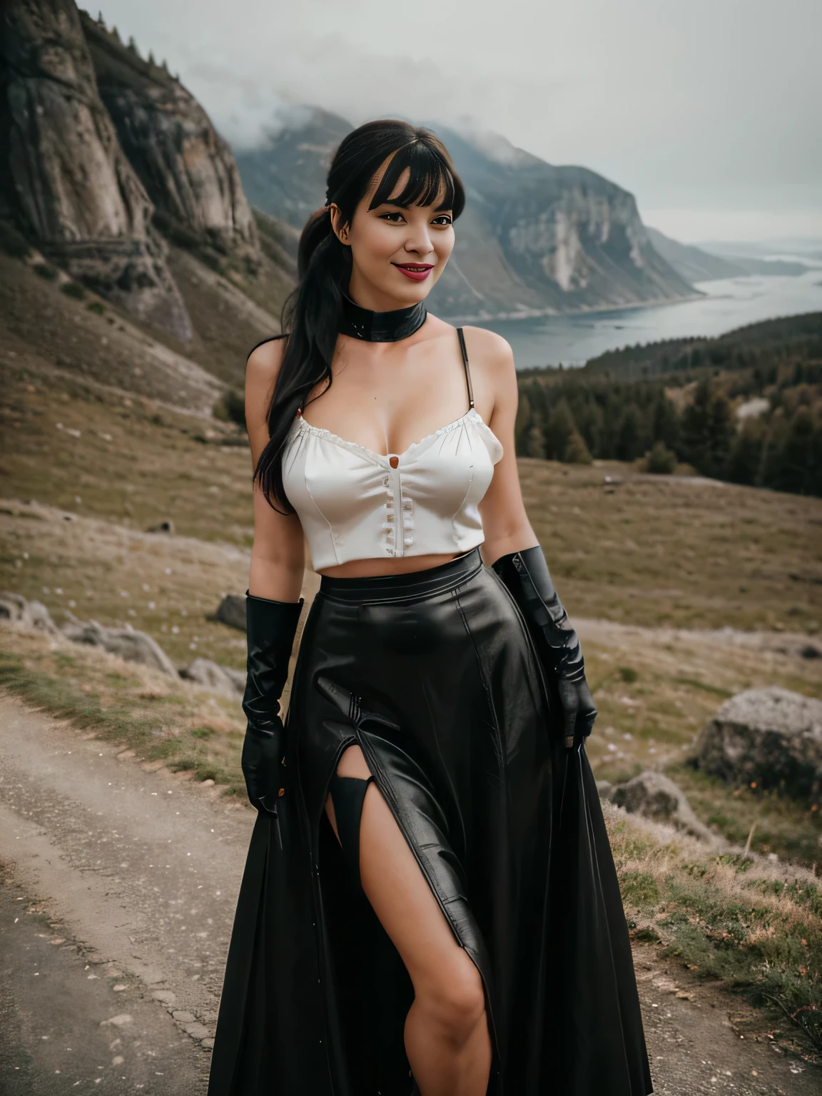 proFessional  photograph oF a gorgeous smiling happy soaked medieval Bettie page woman and her lover, dressed with a large antique black leather cloack of cloth ,ponytail Black hair, red lipstick,black long maxi-skirt (black long maxi-skirt:1.2),sultry Flirty look, gorgeous symmetrical Face, joli maquillage naturel, wearing elegant warm winter Fashion clothing,flirting with the camera, ((black leather gloves)),  ((on a mountain kissing a gorgeous blonde woman dressed in satin dress)), ultra realistic, art conceptuel, elegant, Very detailed, complexe, sharp Focus, depth oF Field, F/1. 8, 85mm, (((proFessionally color graded))), bright soFt diFFused light, (volumetric Fog), tendance sur Instagram, hdr 4k, 8K