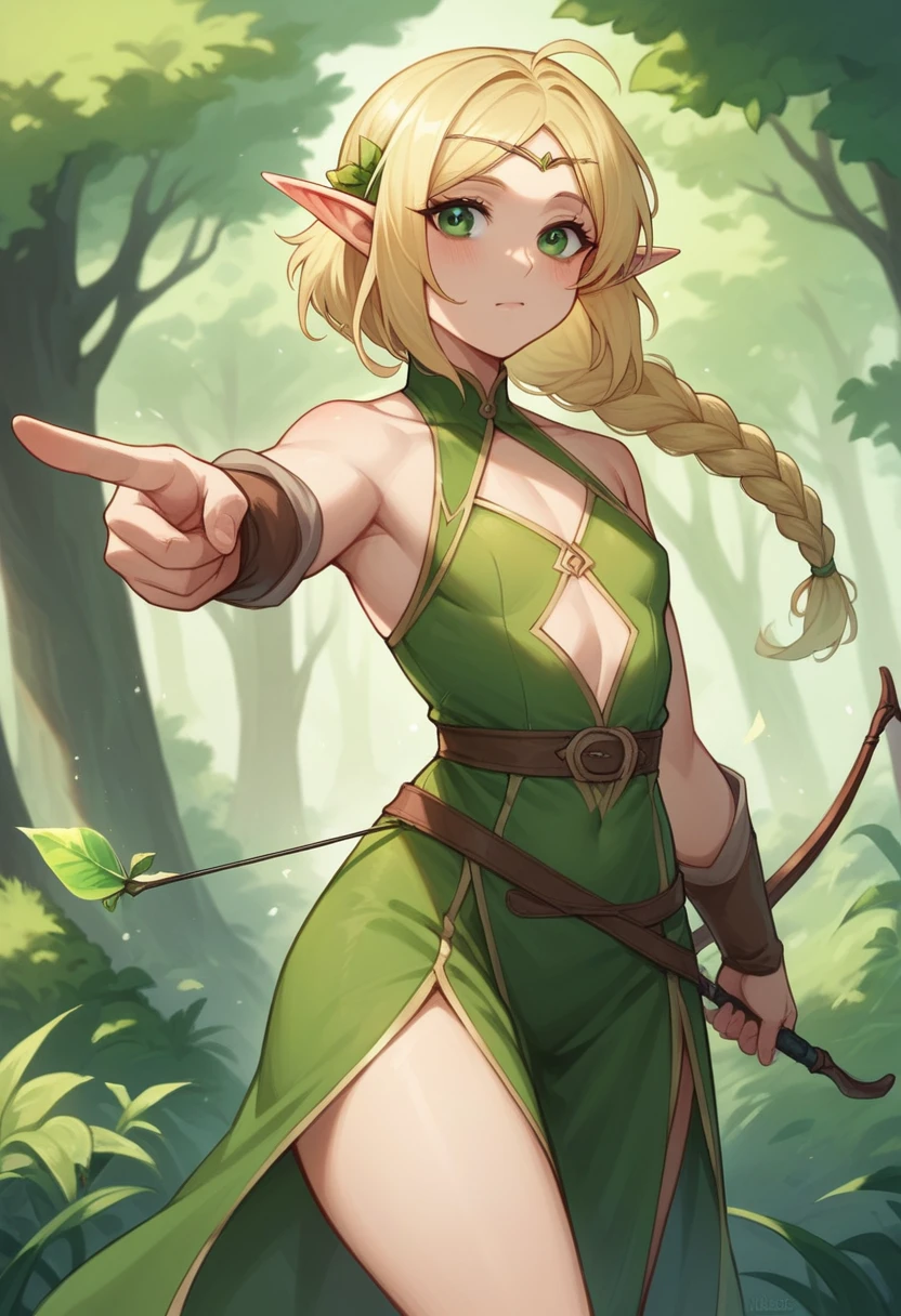 Perfect elf girl, blonde hair, split hair, pointy ears, green eyes, light clothing, green clothes, hunter, sexy, Elena from the archmage restaurant, mature, adult body, small chest, perfect curves, sexy thigs, braid, cute face, manhwa elf woman, aiming with a bow, elf archer, in the forest, practiceing archery, cute expression