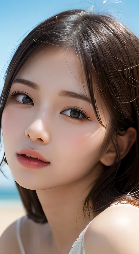 Tabletop, Highest quality, figure, Very detailed, In detail, High resolution, 8k wallpaper, Perfect dynamic composition, Beautiful attention to detail , Beach, Sexy Face,A face of ecstasy,The face at the peak of sexual arousal