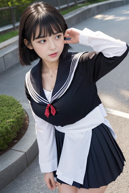 ((Melancholic expression))、((Sad face))、((Angry face))、((Crying face))、(長いBlack Hair)、((((Looking up at the viewer))))、((Highest quality、8k、masterpiece))、Sharp focus:1.2、、((Cleavageが見える))、((Big Breasts))、(Cleavage)、masterpiece、Highest quality、Woman 1、Very detailed、The view looking up from directly below Black Hair Face seen from below ((Japanese schoolgirl))、((Summer sailor uniform))、Pleated skirt、((Big Breasts))、(Cleavage))、Under the chest、Chest seen from below Let me me'Let me'Let's take a look under the sailor suit,((A slightly higher angle))、((from the front))