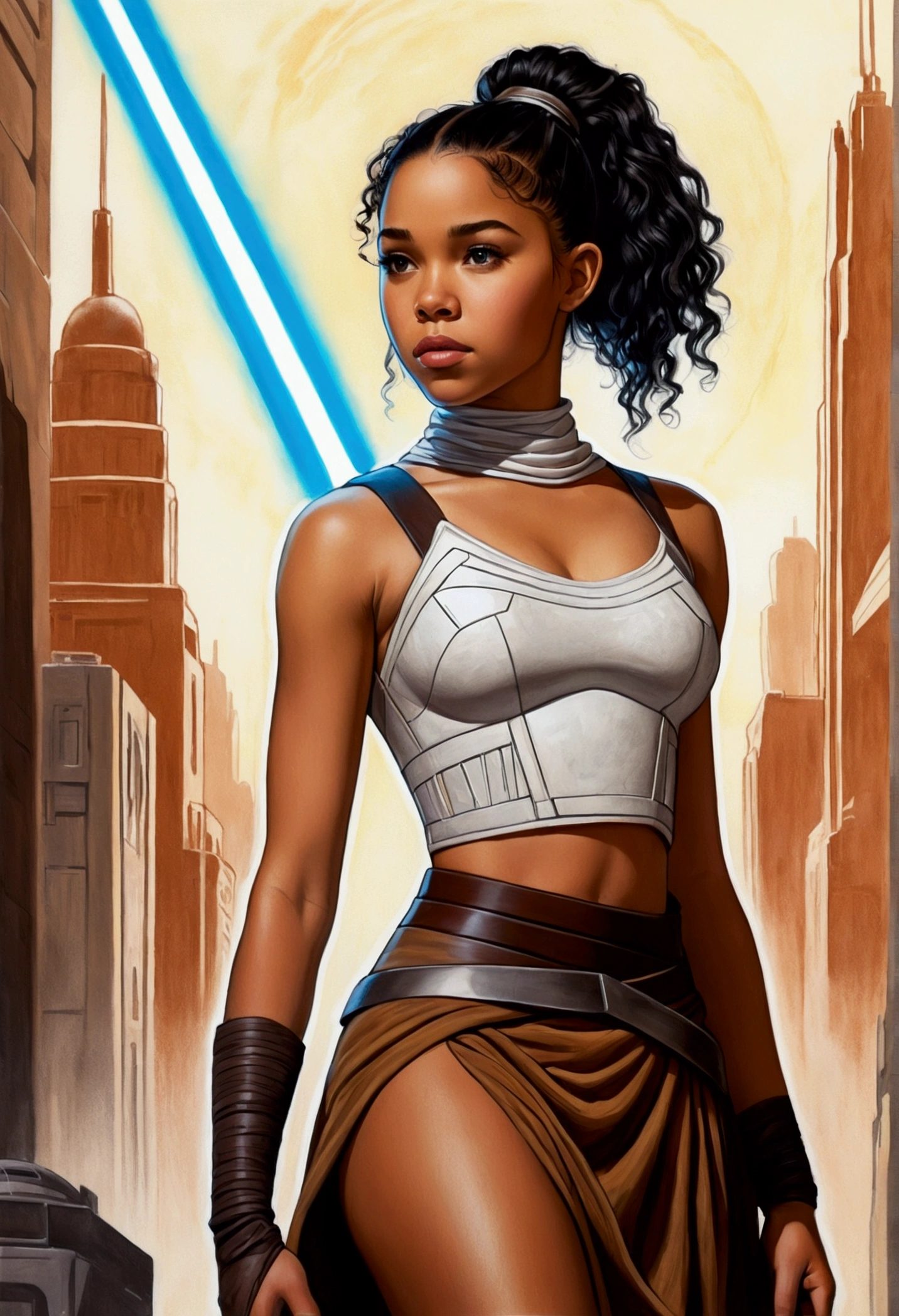 An illustrated movie poster, hand-drawn, full color, a teenage Jedi, 18-years-old, female, wearing a crop top and a skirt, athletic hourglass figure, busty bosoms, full wide hips, massive round butt, long shapely legs, ridiculously thick powerful thighs, hazel eyes, dark hair, curly ponytail, warm brown complexion, resembles Alexandra Shipp, standing above Coruscant, graphite shading, stencil marks, airbrushed acrylic paint, masterpiece, in the style of Drew Struzan