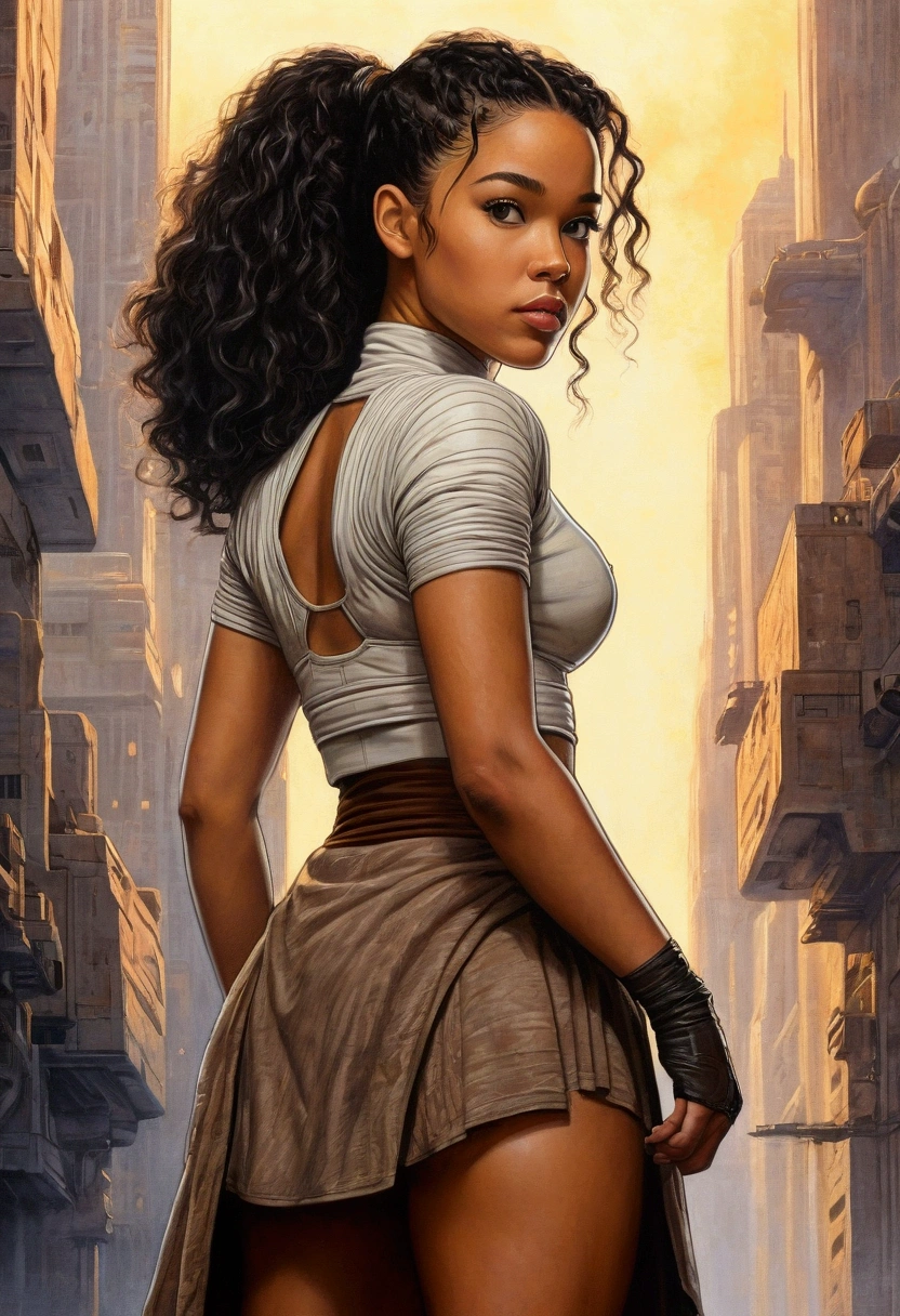 An illustrated movie poster, hand-drawn, full color, a teenage Jedi, 18-years-old, female, wearing a crop top and a skirt, athletic hourglass figure, busty bosoms, full wide hips, massive round butt, long shapely legs, ridiculously thick powerful thighs, hazel eyes, dark hair, curly ponytail, warm brown complexion, resembles Zendaya, standing above Coruscant, graphite shading, stencil marks, airbrushed acrylic paint, masterpiece, in the style of Drew Struzan