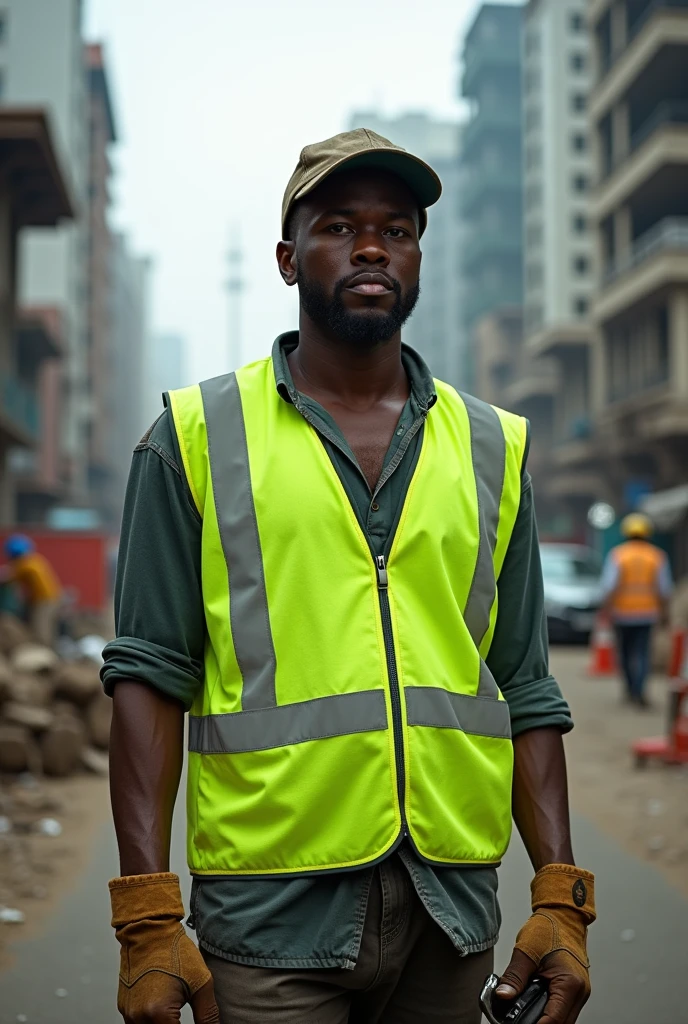 Generate an African maintenance man in green reflector and cap