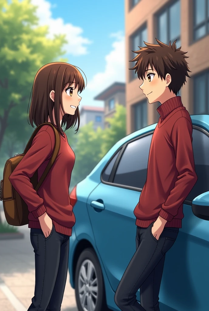 A girl with slightly long brown hair and brown eyes, of average height and with a brown backpack on his back, dressed in black jeans and a red long-sleeved sweater standing next to a blue car, with a slightly taller boy,with brown hair, and slightly disorganized leaning against the car saying something to the girl and in the background,a university residence with a campus 