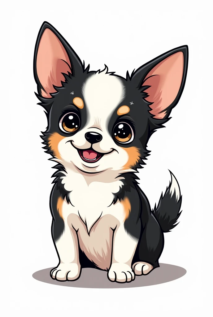 Chihuahua, black and white face, white body, black sides of belly, black butt, fluffy ears, brown eyebrows, sparkling eyes, manga style, LINE stamp style, two short legs, hungry, transparent background
