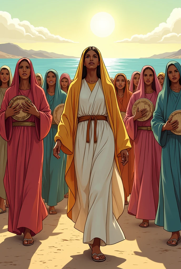 "Mary, the prophetess, picked up a tambourine , and behind her came all the women "playing tambourine and dancing"". The women had light brown skin tones and wore veils on their heads..
That the image comes out in line drawing. May the clothes be colorful. Let the scenery be a steppe with the sea in the background.