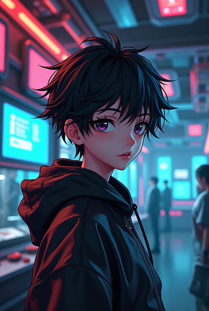 Anime boy, cyberpunk, in room, from head to waist , boy, logo, black hsi