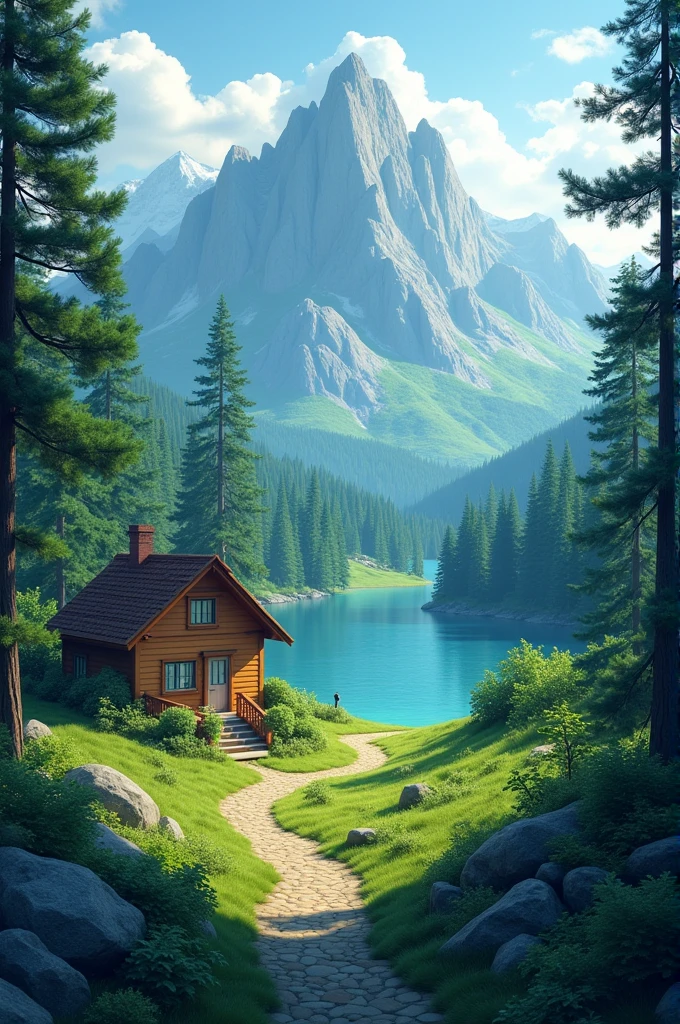 Land scape with a house in forest near a lake with mountains in the background, square