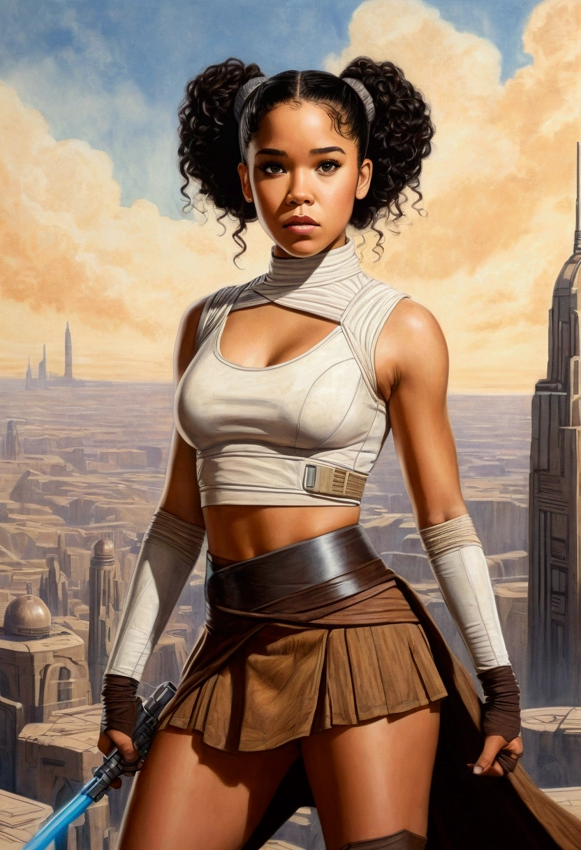 An illustrated movie poster, hand-drawn, full color, a age Jedi, 18-years-old, female, wearing a crop top and a skirt, athletic hourglass figure, busty bosoms, full wide hips, massive round butt, long shapely legs, ridiculously thick powerful thighs, hazel eyes, dark hair, curly ponytail, warm brown complexion, resembles Alexandra Shipp, standing above Coruscant, graphite shading, stencil marks, airbrushed acrylic paint, masterpiece, in the style of Drew Struzan 