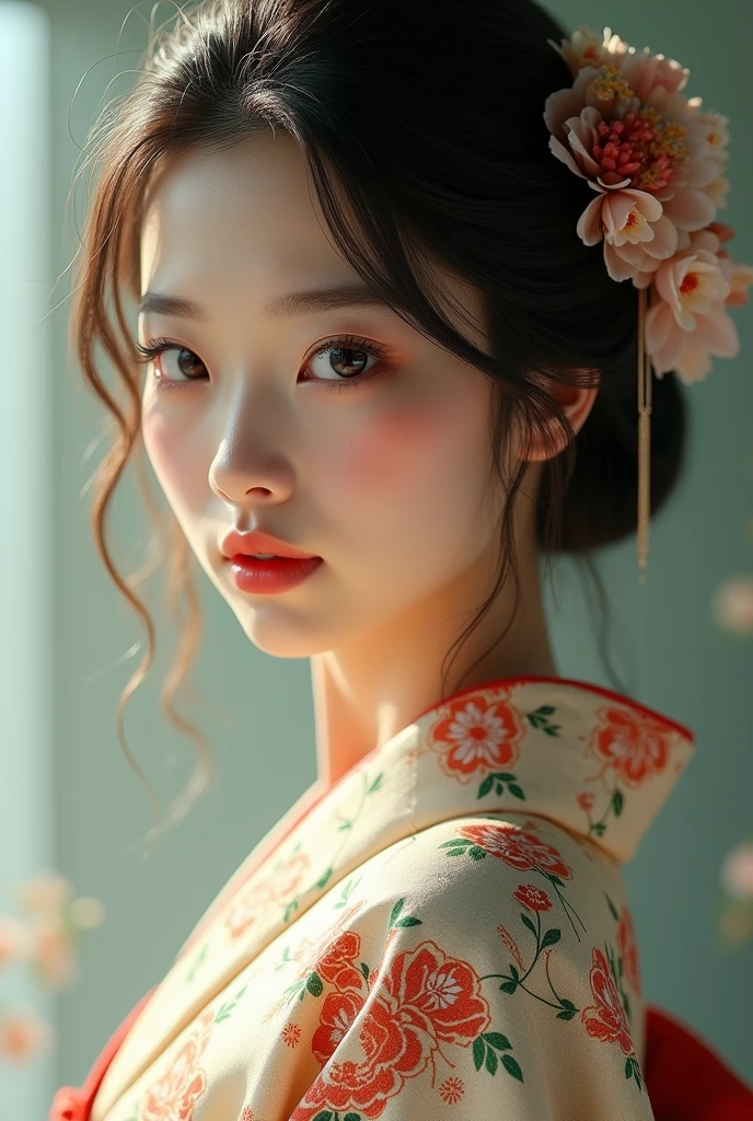 a beautiful young japanese girl, detailed face, beautiful eyes, long eyelashes, beautiful lips, cute expression, elegant hairstyle, intricate kimono, detailed folds, delicate patterns, vibrant colors, soft lighting, detailed skin textures, masterpiece, photorealistic, 8k, ultra-detailed, high quality