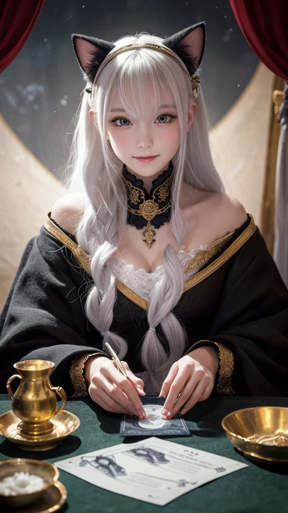 (masterpiece, highest quality, highest quality, official art, beautiful and aesthetic: 1.2), (one girl: 1.3), wavy long hair, white hair, Cat ears on the head,highly detailed portrait, highly detailed hands, looking at the viewer, alone, (whole body: 0.6), detailed background, close, shining eyes, (cold arctic winter theme: 1.1), fortune teller, Charlatan, grin, Mysterious, sitting at the table, カラフルな肩のないゆるいジプシーfortune tellerの服, holy grail, tarot cards, Crystal jade, Medieval (inner tent: 1.1) background, tent curtain on background, dark Mysterious lighting, Shadow, magical atmosphere, starry night, dutch angle, healing and guidance, transcendental beauty, fractal art, Seaweed,