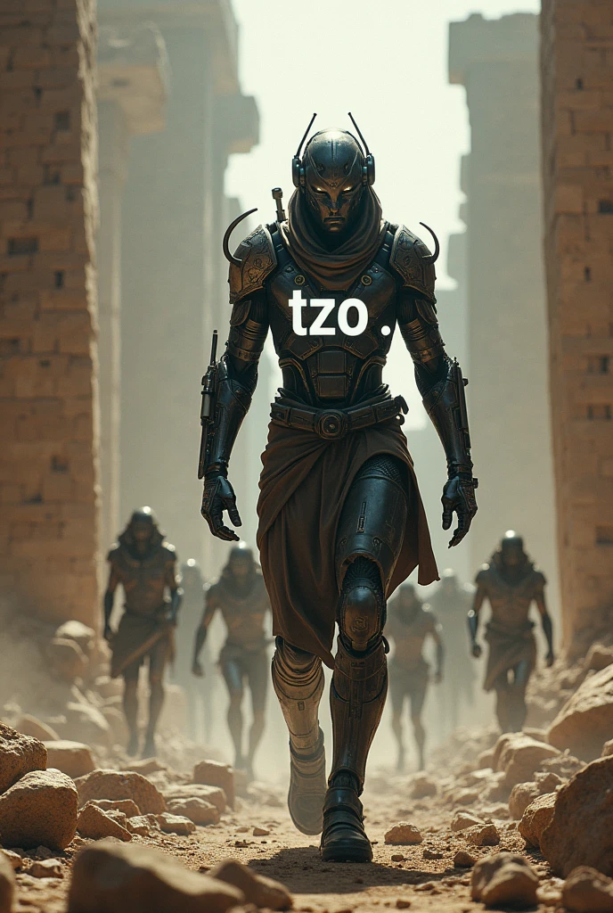 Create a photo with the word TZO highlighted. A warrior from the future in the world of Egyptians fighting against the current situation of the zombie world