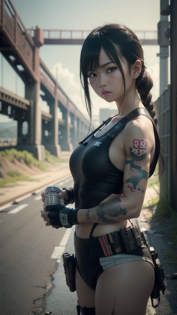 8k,realistic photo、Realistic Skin Texture、Superrealism、Japanese women in U.S. army、Tattoo、Under the old bridge、trash、Automatic rifle、Heavy equipment、After the rain、covered with scars、Dirty、muscle、The background is out of focus、Run while avoiding gunfire、A bullet flies at your feet、Desperate look、Scream、dramatic image、Sprinting Fierce Battle、Ace、heartbreak