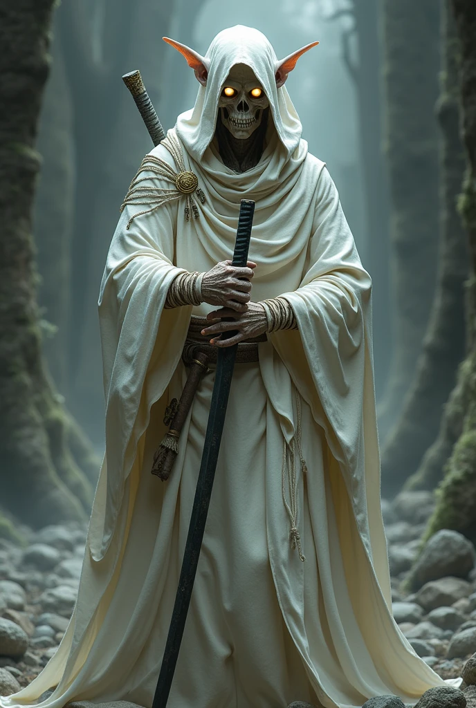 Mummified elf wearing a white hooded robe with ears spilling out, He wields a katana and in place of his eyes are two small, discreet, luminous orbs..