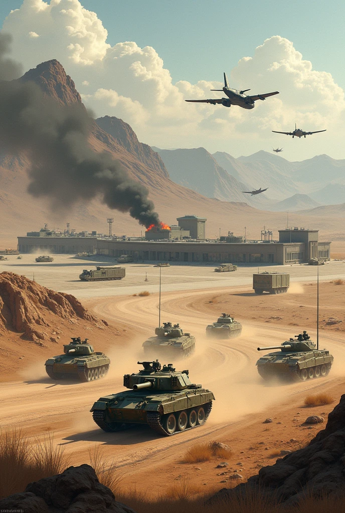Une base militaire avec une piste d atterrissage militaire des héliport des avions en patrouille dans le ciel et des tank et de véhicules de transport