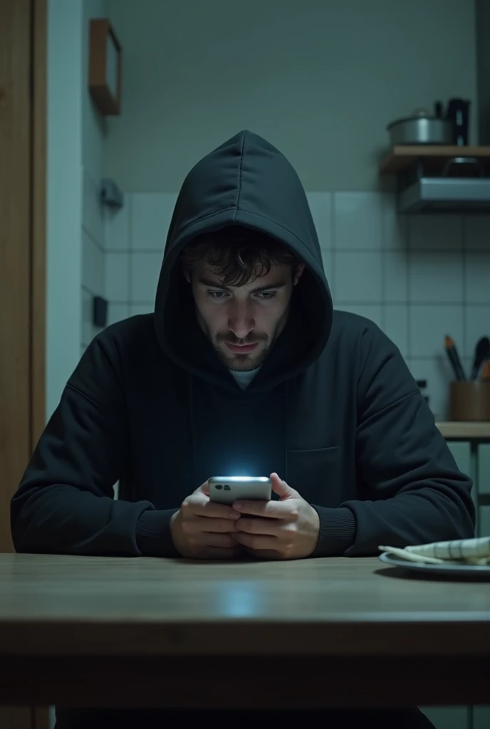 A guy in a hoodie sits at the kitchen table and looks at his phone