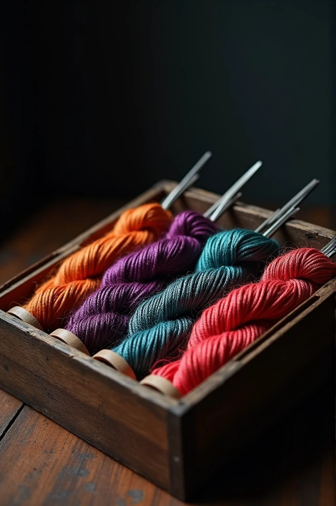 Create image with 5 thread cord sets of different coloured with needles in a box at dark room