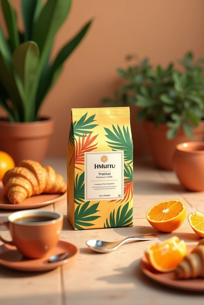 A cozy breakfast scene on a warm-toned tiled table featuring a package of "Tropical Premium Coffee." The coffee bag, with tropical-themed leaf designs, is positioned at the center. Nearby, there is a cup of coffee, fresh croissants, peeled tangerines, and a spoon. In the background, lush green plants and a terracotta-colored mug enhance the natural, relaxing vibe. The overall lighting is warm and inviting, casting soft shadows, while the color palette emphasizes oranges, beiges, and greens, evoking a fresh, tropical mo